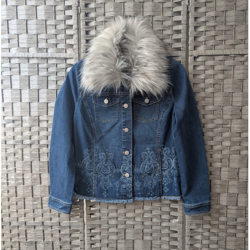 Chico's Denim Jacket Blue Removable Faux Fur Collar Damask Print Sz 0 (S) Chic